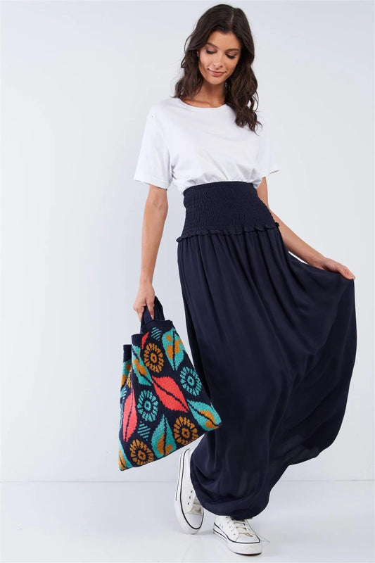 Navy Blue Festival High Waisted Loose Fit Wide Smock Waistline Maxi Skirt /1-1-2-1 - Tasha Apparel Wholesale