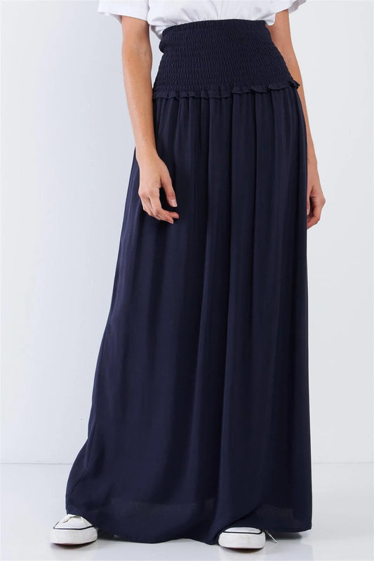 Navy Blue Festival High Waisted Loose Fit Wide Smock Waistline Maxi Skirt - Tasha Apparel Wholesale