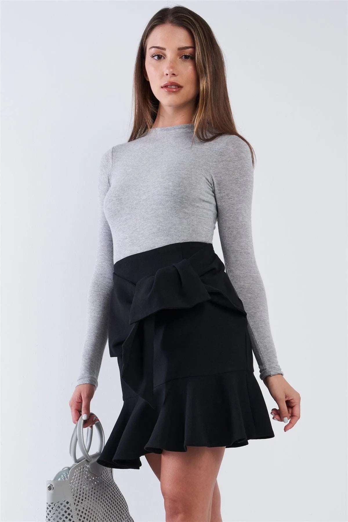 Black High Waist Tight Fit Twist Knot Detail Ruffle Hem Mini Skirt /1-1-3-1 - Tasha Apparel Wholesale