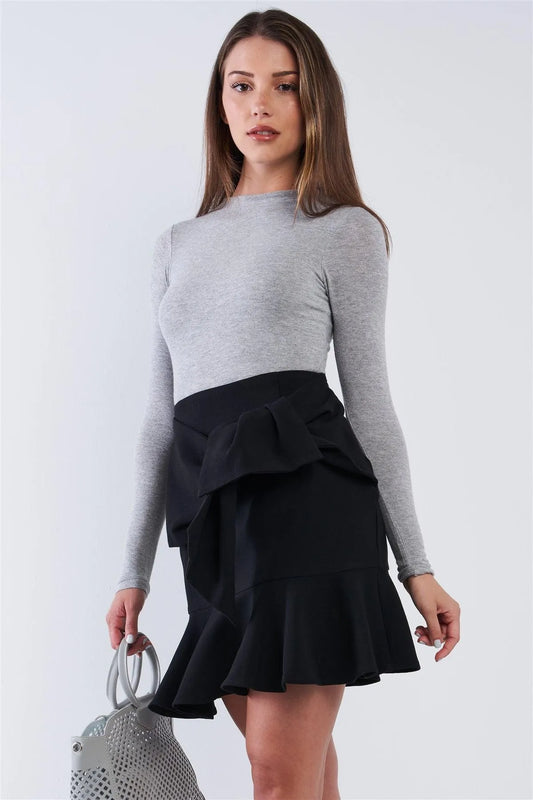 Black High Waist Tight Fit Twist Knot Detail Ruffle Hem Mini Skirt /1-1-3-1 - Tasha Apparel Wholesale