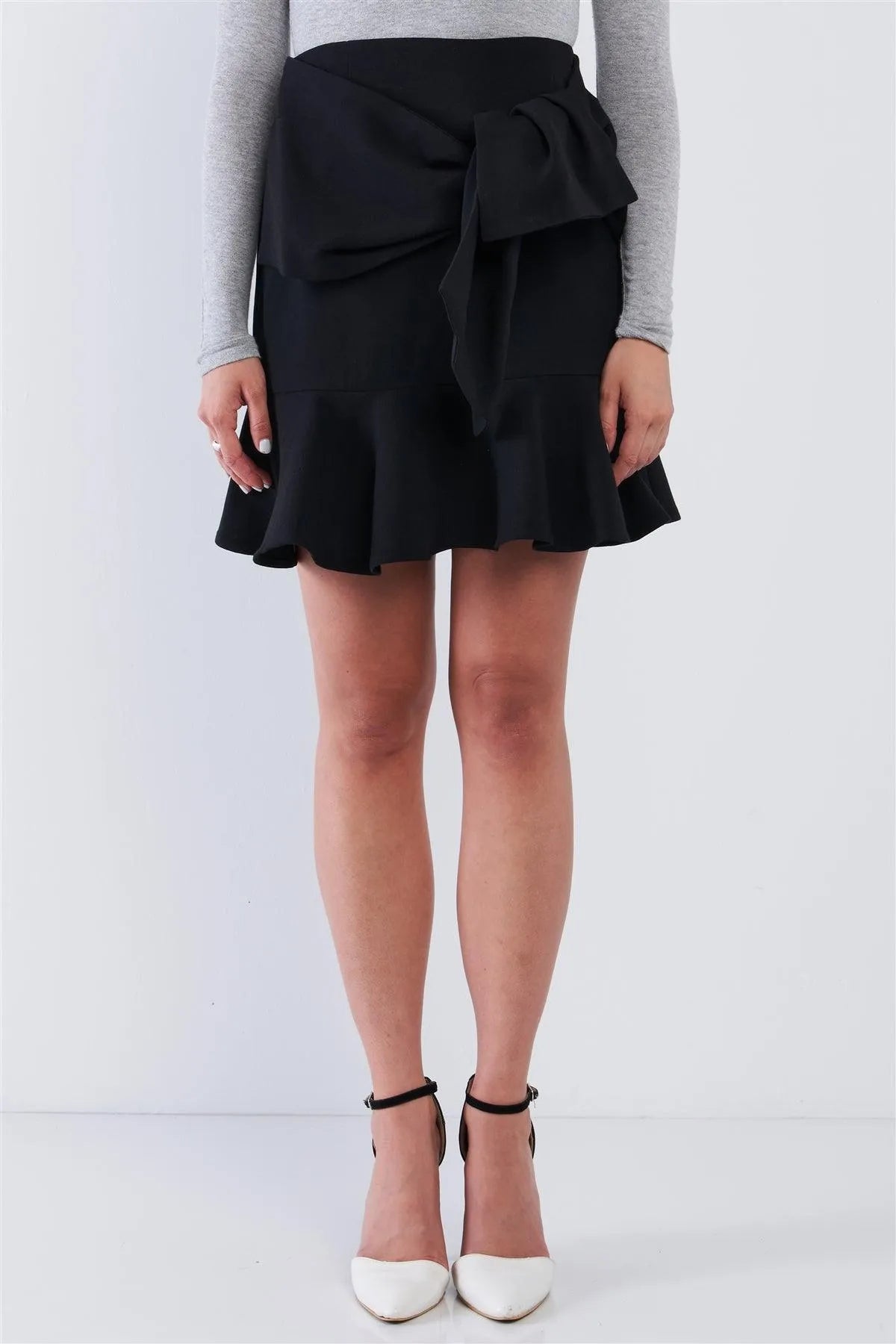 Black High Waist Tight Fit Twist Knot Detail Ruffle Hem Mini Skirt /1-1-3-1 - Tasha Apparel Wholesale