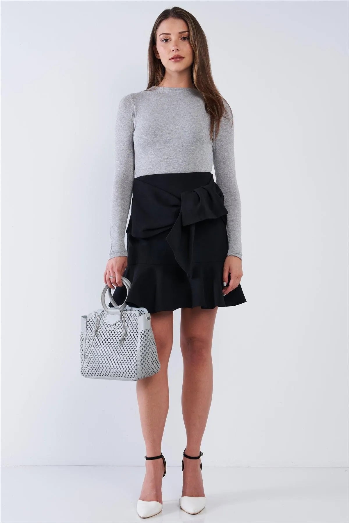 Black High Waist Tight Fit Twist Knot Detail Ruffle Hem Mini Skirt /1-1-3-1 - Tasha Apparel Wholesale