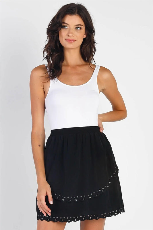 Black Smoked High Waist Keyhole Hem Detail Layered Flounce Mini Skirt /1-2-2-1 - Tasha Apparel Wholesale