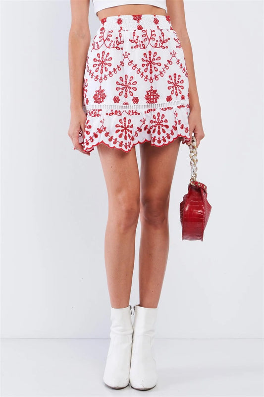 White&Red Eyelet Embroidered High Waist Mini Skirt /1-2-2-1 - Tasha Apparel Wholesale