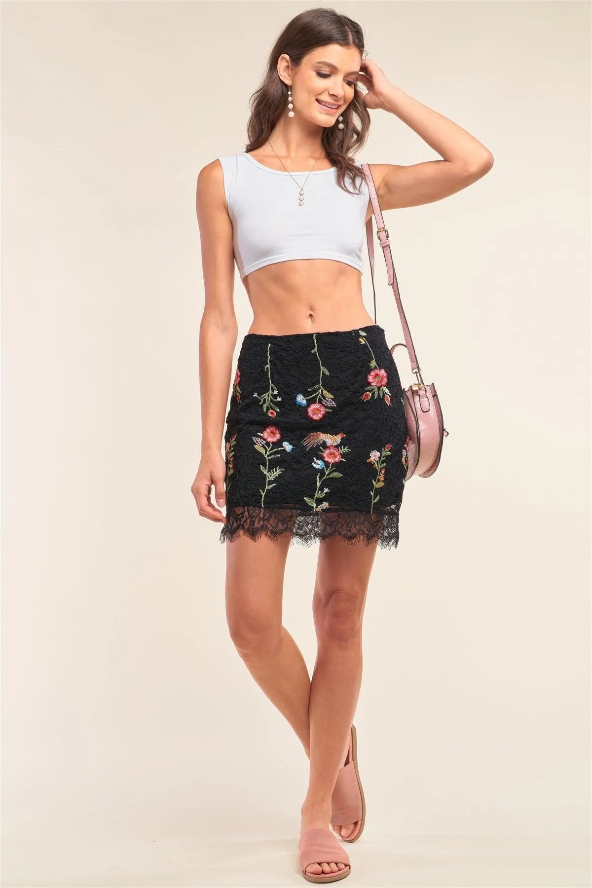 Black Floral Embroidery Lace Mesh High Waisted Scallop Hem Mini Skirt /1-2-2-1 - Tasha Apparel Wholesale