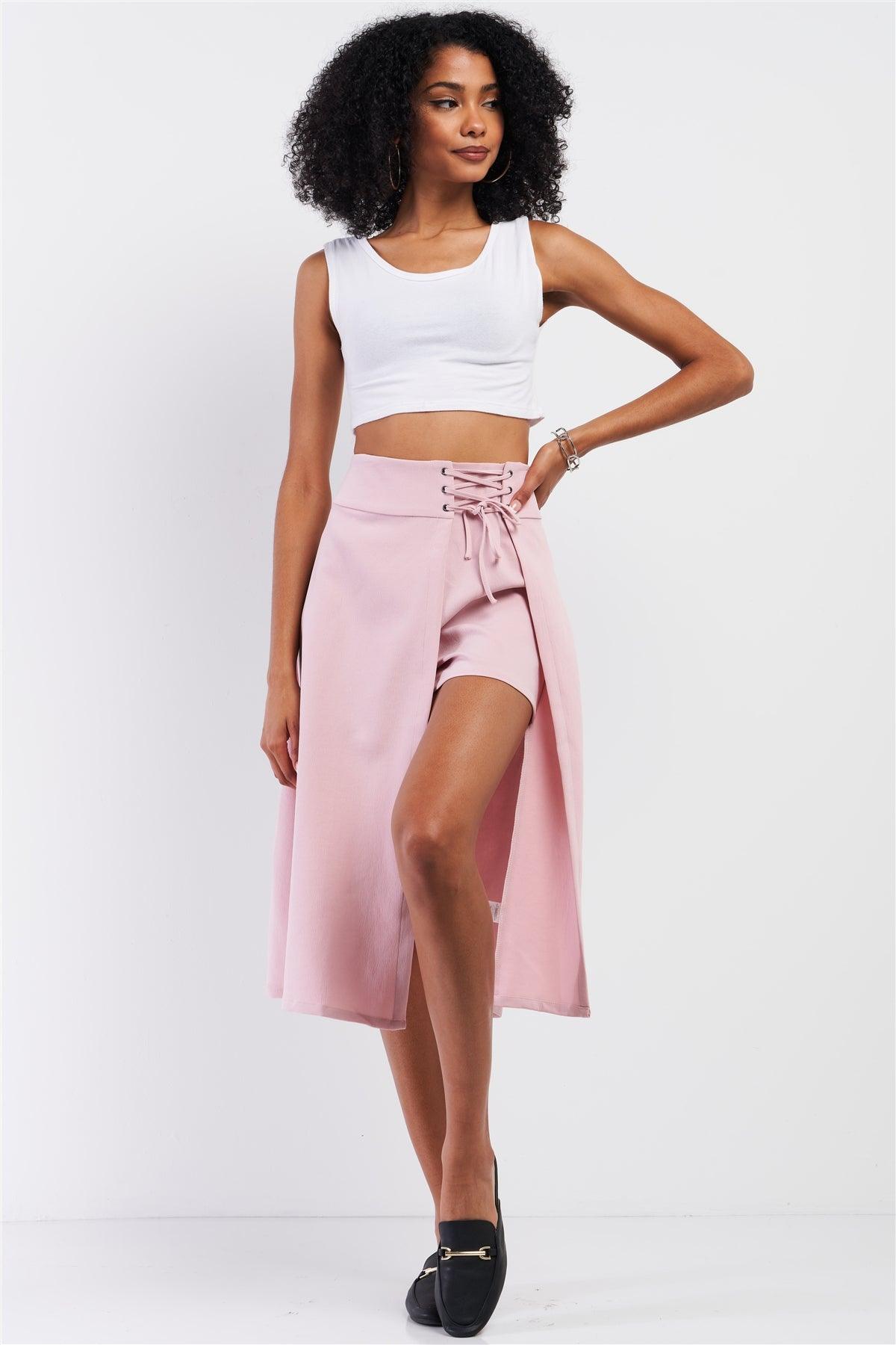 Pink Asymmetrical High Waisted Front Lace-Up Detail Skirt /1-2-2-1