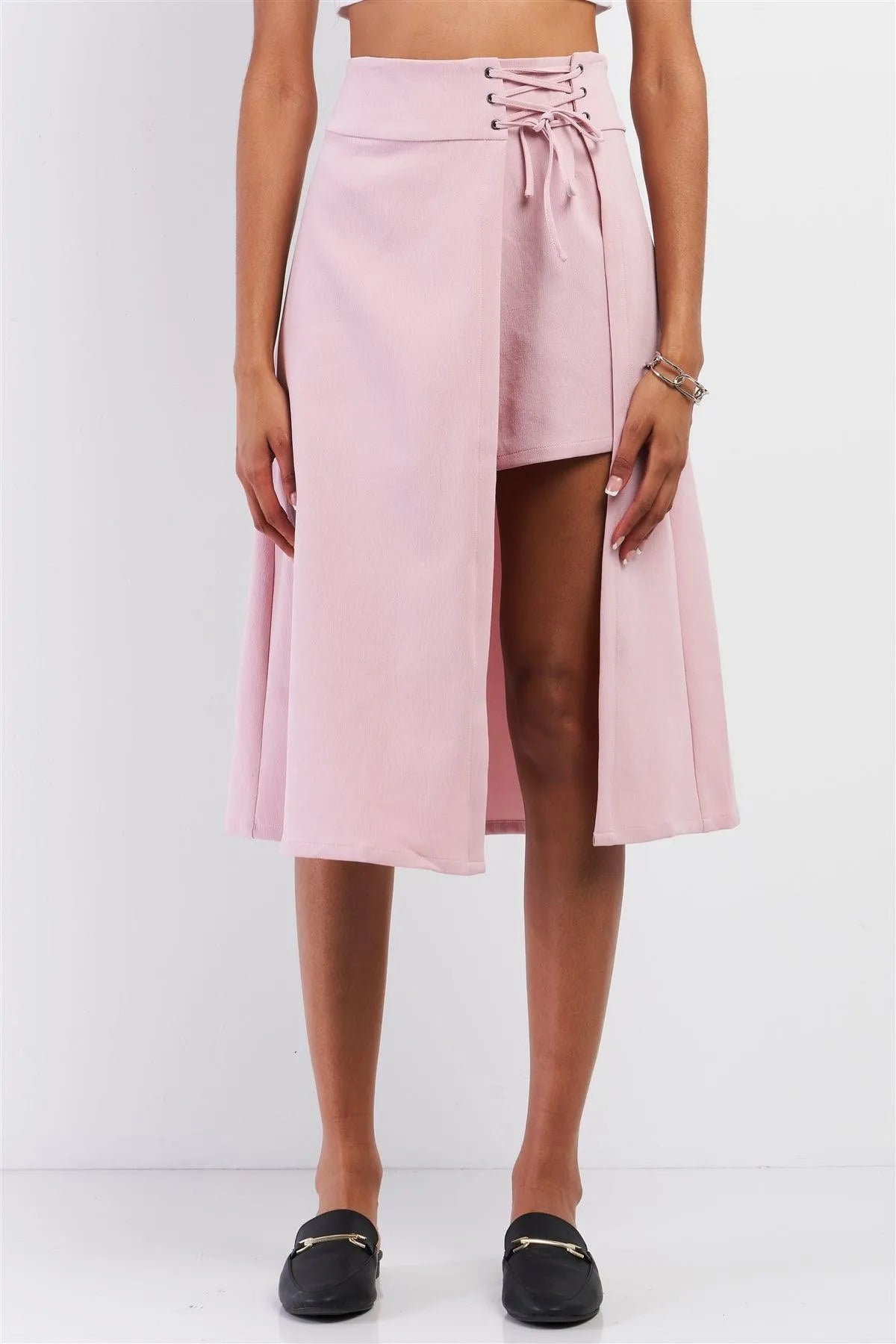 Pink Asymmetrical High Waisted Front Lace-Up Detail Skirt /1-1-2-2 - Tasha Apparel Wholesale