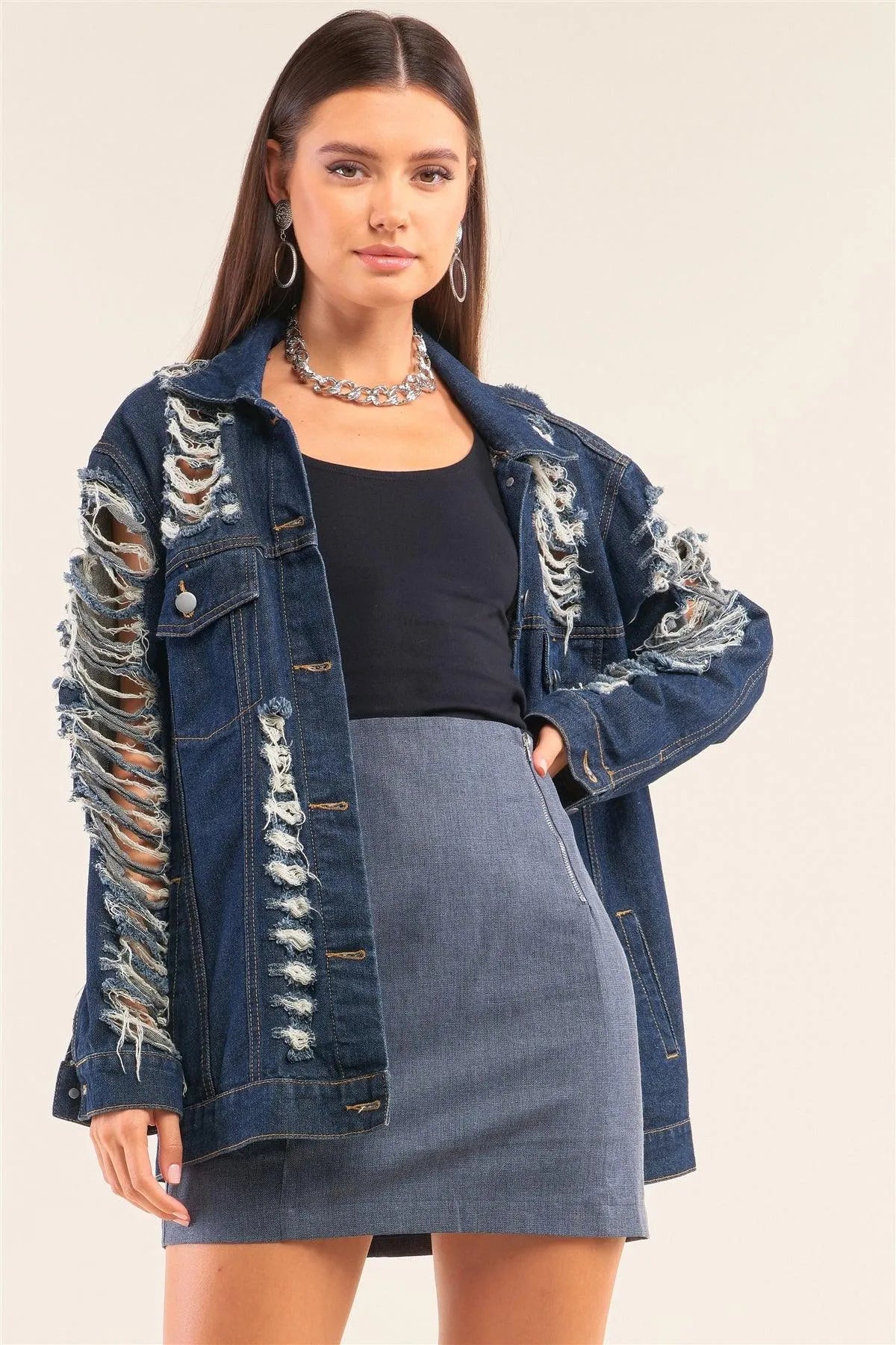 Denim Blue Minimalistic High Waist Tight Fit Front Zippers Mini Skirt /1-2-2-1 - Tasha Apparel Wholesale