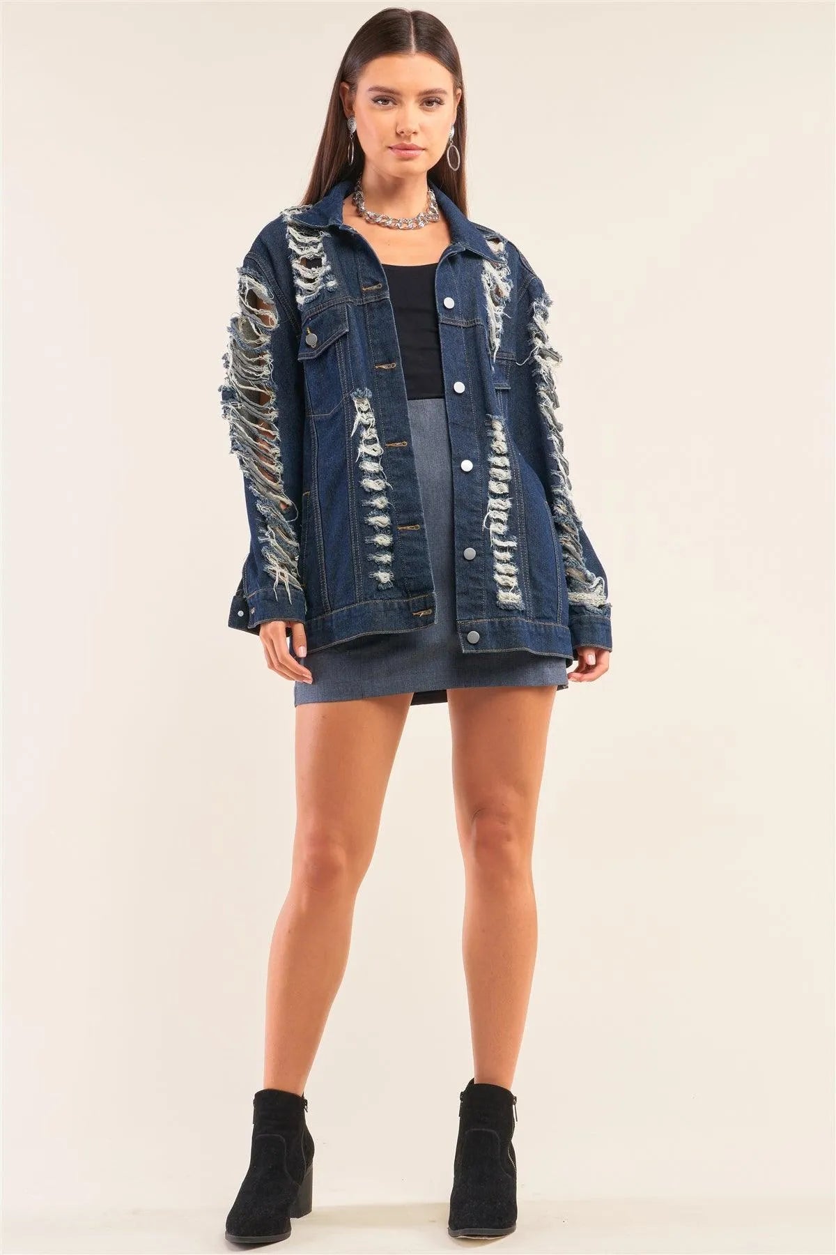 Denim Blue Minimalistic High Waist Tight Fit Front Zippers Mini Skirt /1-2-2-1 - Tasha Apparel Wholesale