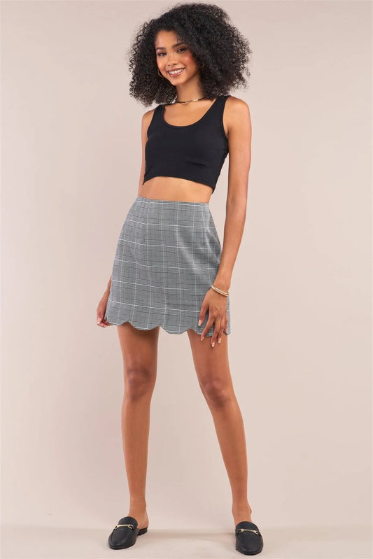Grey Checkered High Waisted Scallop Hem Mini Skirt /1-1-2-1 - Tasha Apparel Wholesale