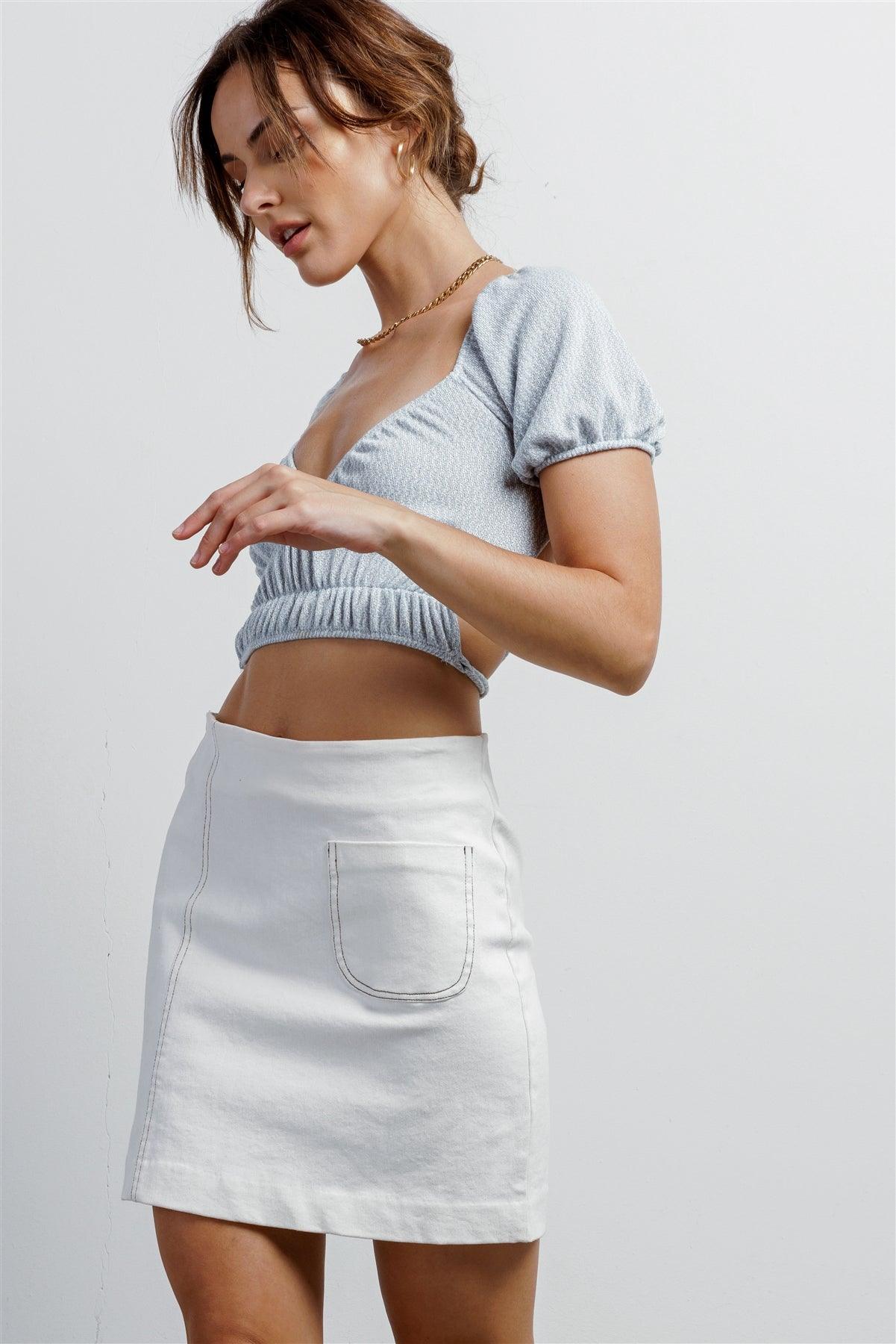 White Denim Cotton Contrast Stitch Detail Mini Skirt /1-1-2-1