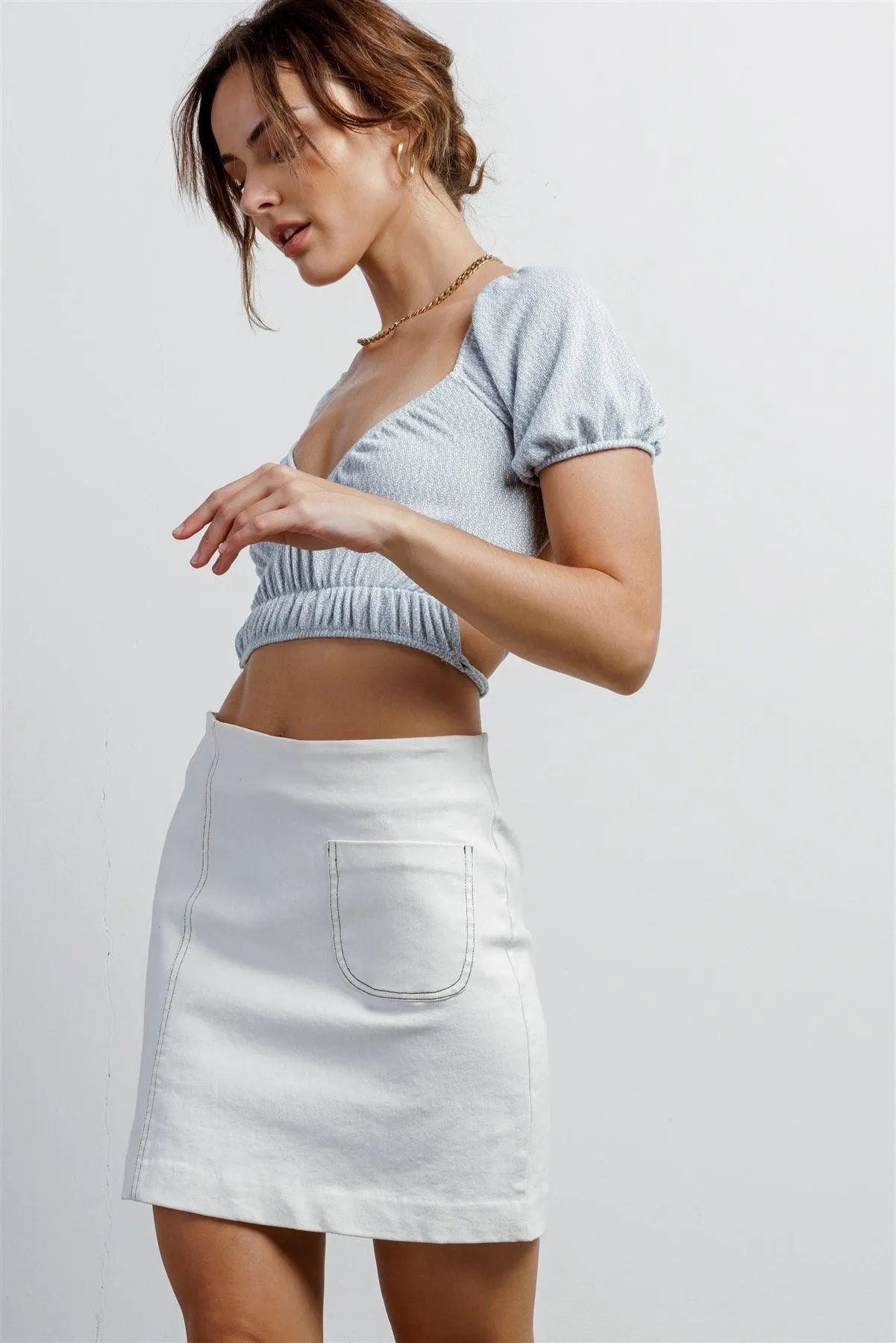 White Denim Cotton Contrast Stitch Detail Mini Skirt /1-2-2-1 - Tasha Apparel Wholesale