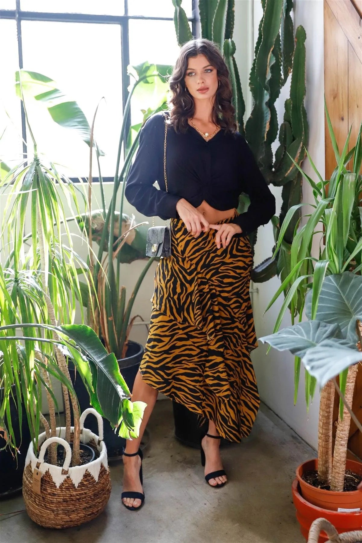 Gold Zebra Print Side Slit Detail Ruffled Asymmetrical Midi Skirt /1-1-1-2-2 - Tasha Apparel Wholesale