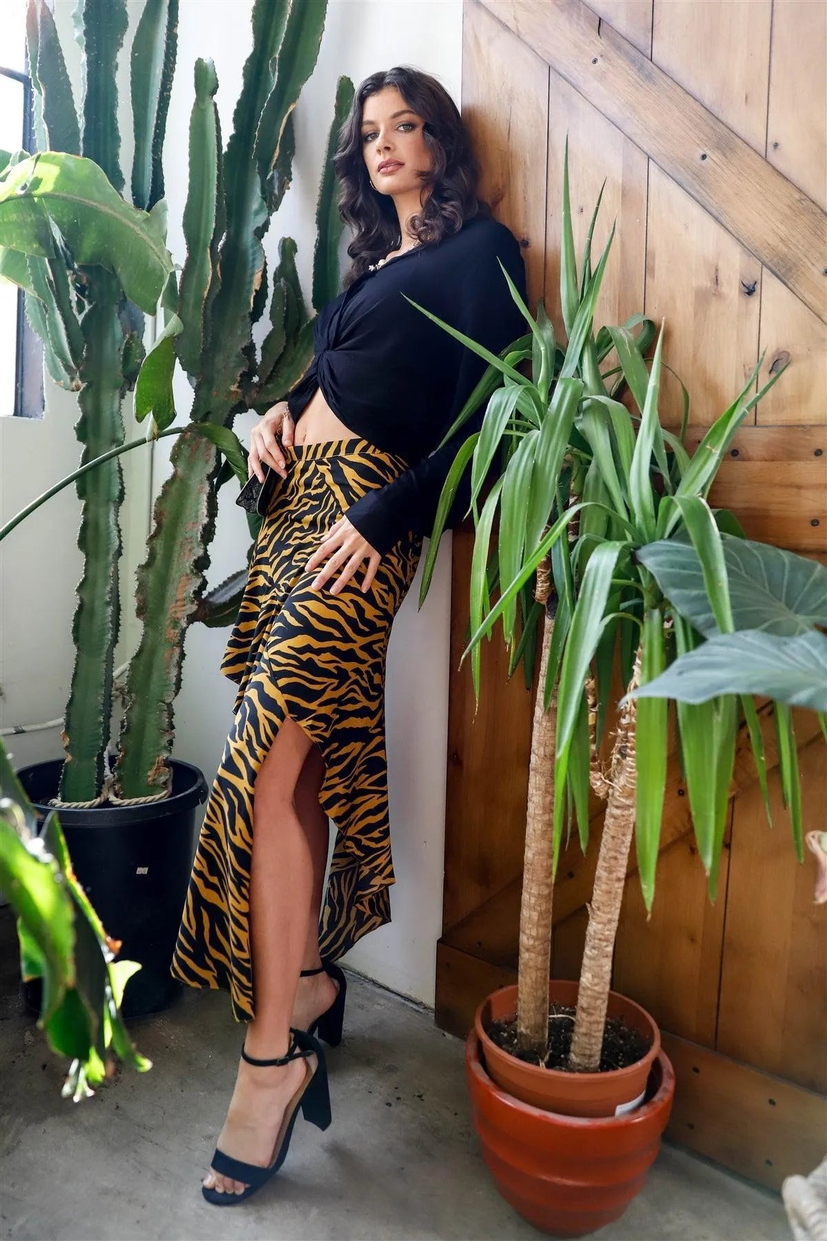 Gold Zebra Print Side Slit Detail Ruffled Asymmetrical Midi Skirt /1-1-1-2-2 - Tasha Apparel Wholesale
