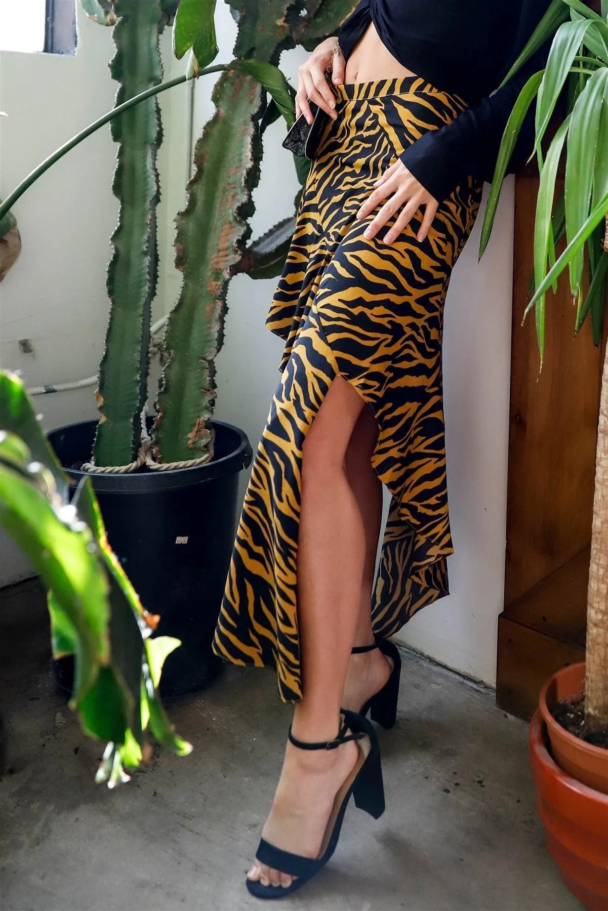 Gold Zebra Print Side Slit Detail Ruffled Asymmetrical Midi Skirt /1-1-1-2-2 - Tasha Apparel Wholesale