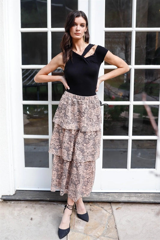 Peach & Grey Lace Layered Ruffled Midi Skirt /2-2 - Tasha Apparel Wholesale