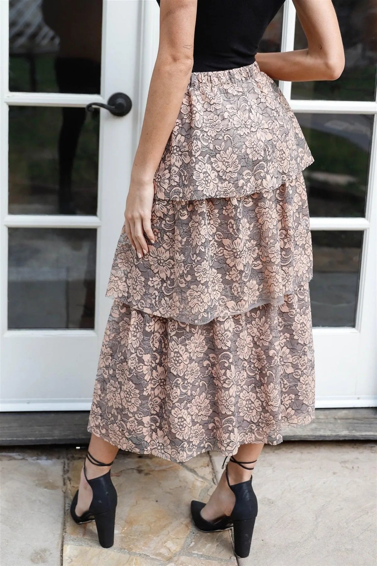 Peach & Grey Lace Layered Ruffled Midi Skirt /1-2-2-1 - Tasha Apparel Wholesale
