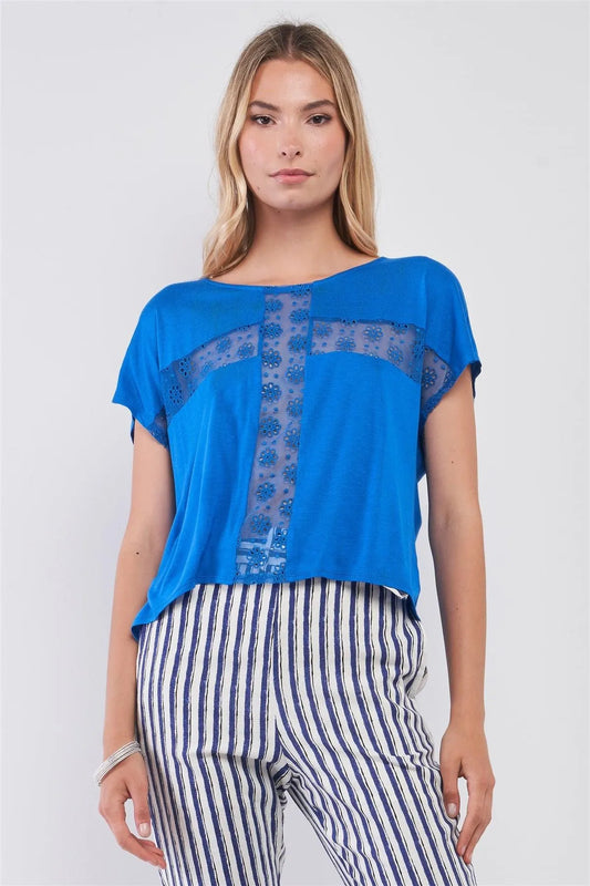 Boat Neck See-Trough Cross Floral Embroidery Top - Tasha Apparel Wholesale