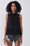 Black Sheer Sleeveless Crochet Combo Detail Collared Relaxed Top /1-1-2-1