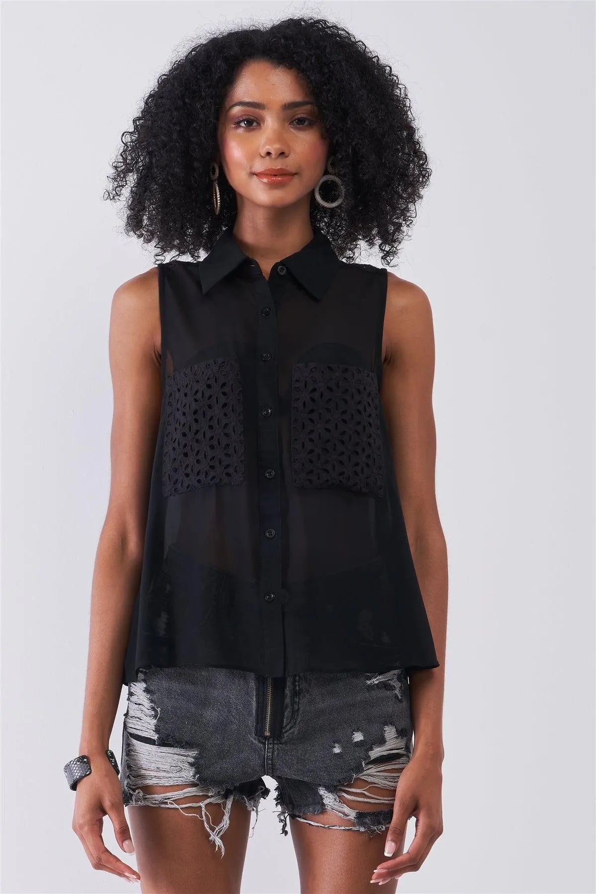 Black Sheer Sleeveless Crochet Combo Detail Collared Relaxed Top /1-1-2-1 - Tasha Apparel Wholesale