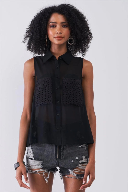 Black Sheer Sleeveless Crochet Combo Detail Collared Relaxed Top /1-1-2-1 - Tasha Apparel Wholesale