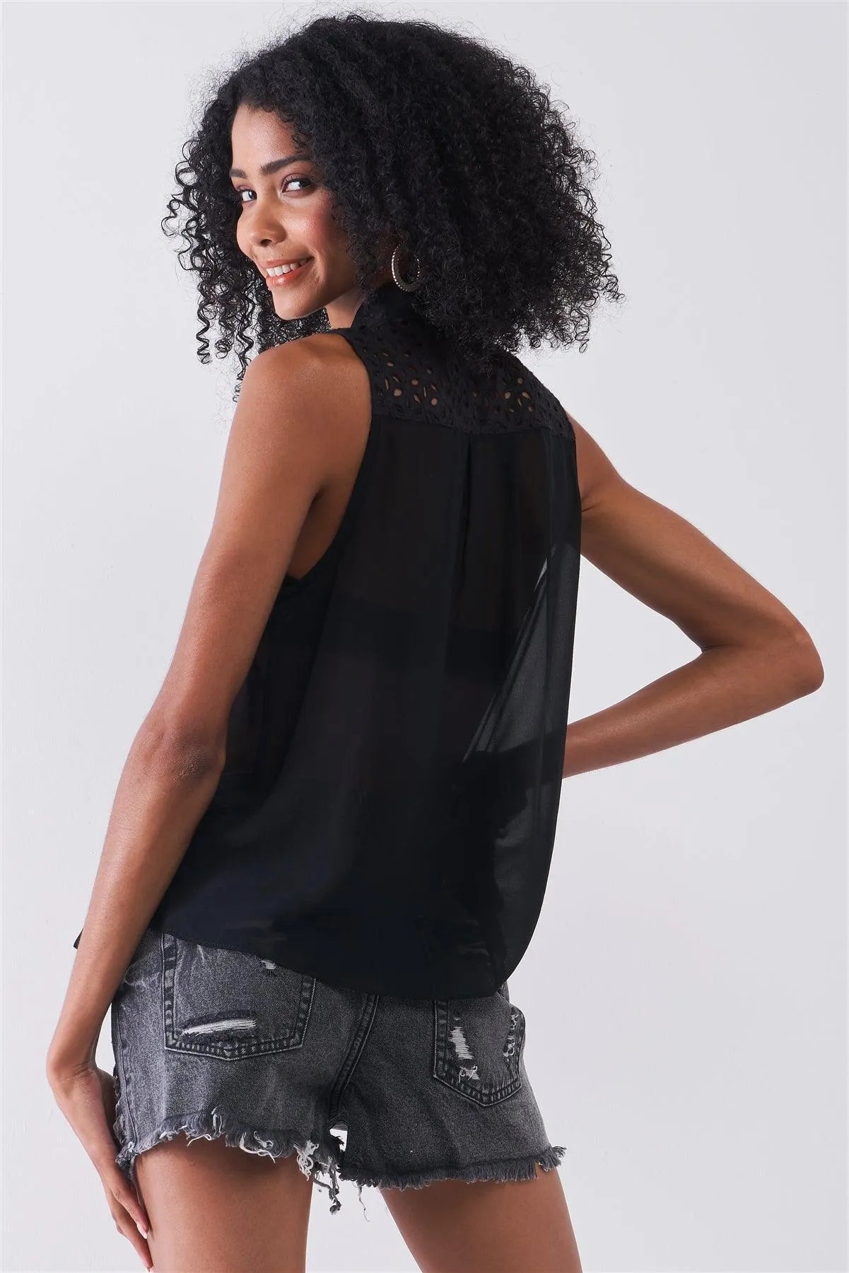 Black Sheer Sleeveless Crochet Combo Detail Collared Relaxed Top /1-1-2-1 - Tasha Apparel Wholesale