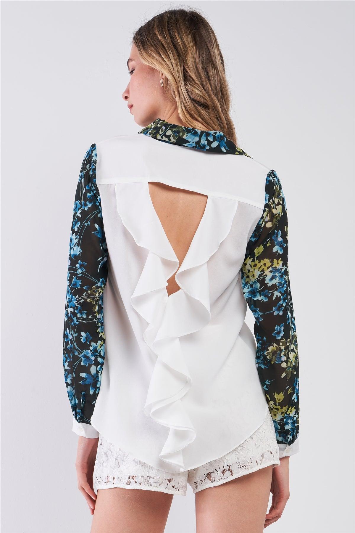 White & Multi Blue Floral Print Contrast Long Sleeve Front Button Down Classic Collar Back Cit-Out Detail Shirt /1-2-1