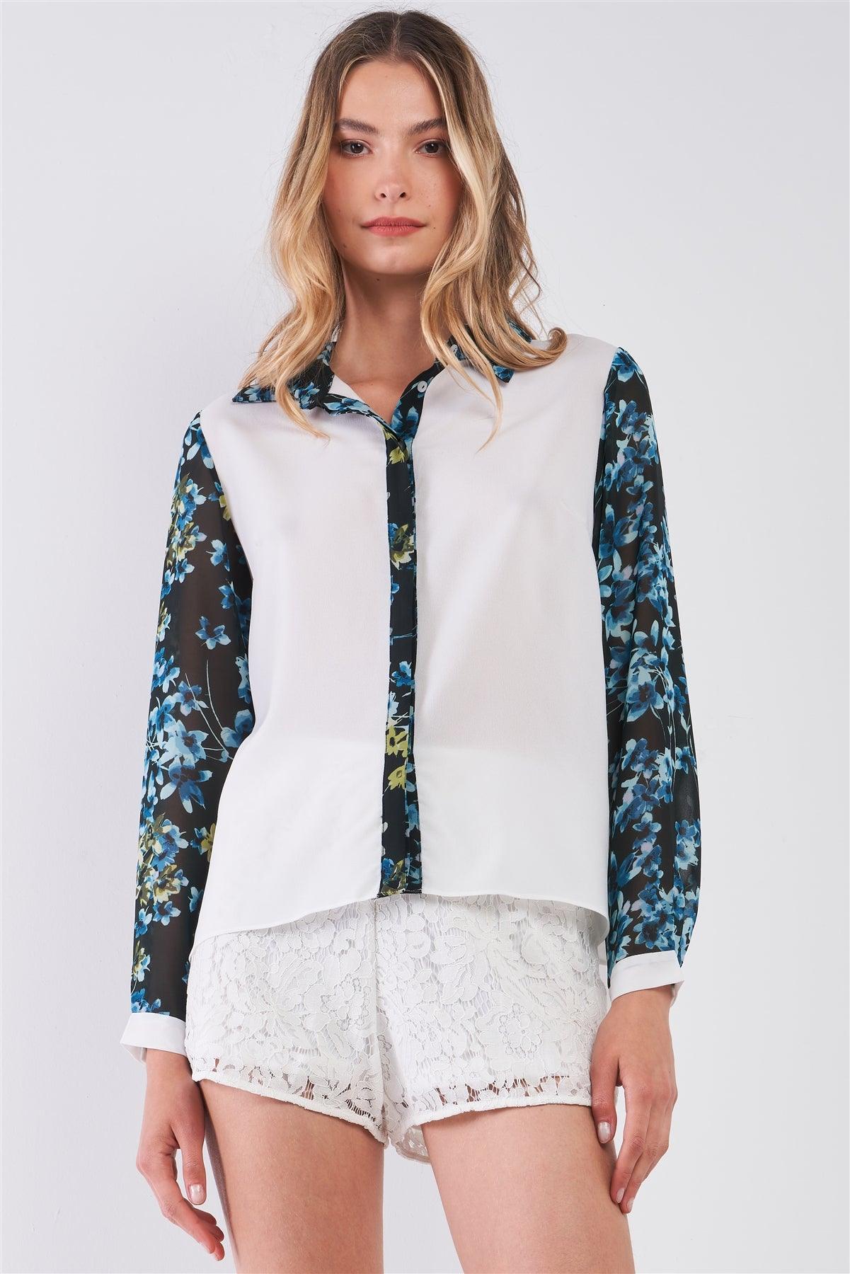 White & Multi Blue Floral Print Contrast Long Sleeve Front Button Down Classic Collar Back Cit-Out Detail Shirt /1-2-2-1