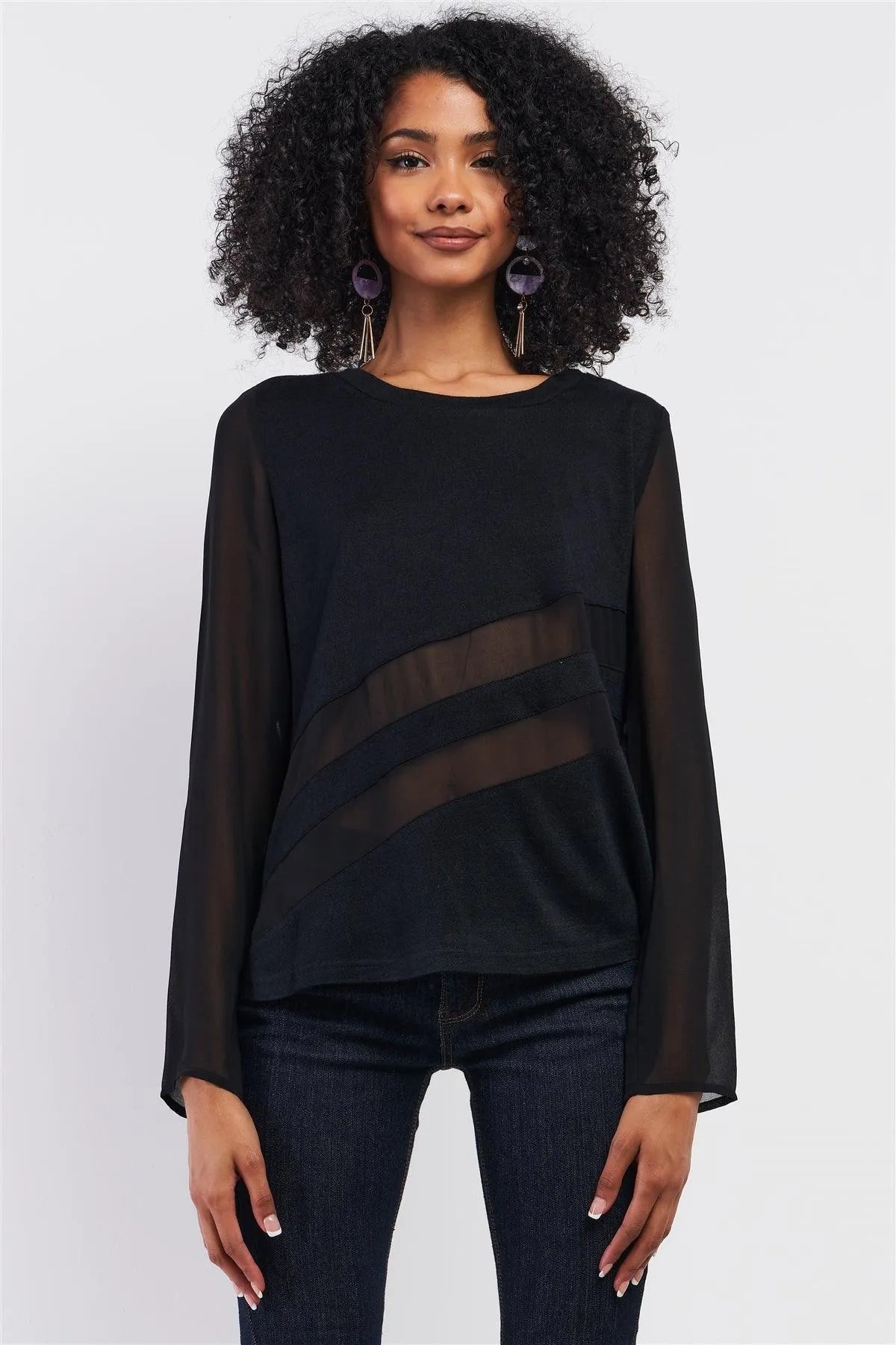 Black Long Sleeve Mesh Detail Relaxed Fit Knit Top /1-2-2-1 - Tasha Apparel Wholesale