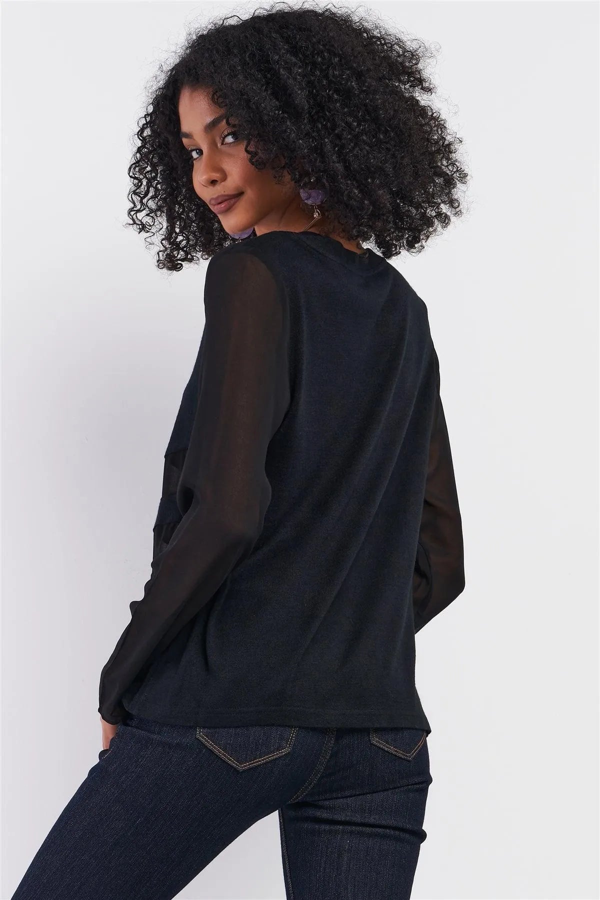 Black Long Sleeve Mesh Detail Relaxed Fit Knit Top /1-2-2-1 - Tasha Apparel Wholesale