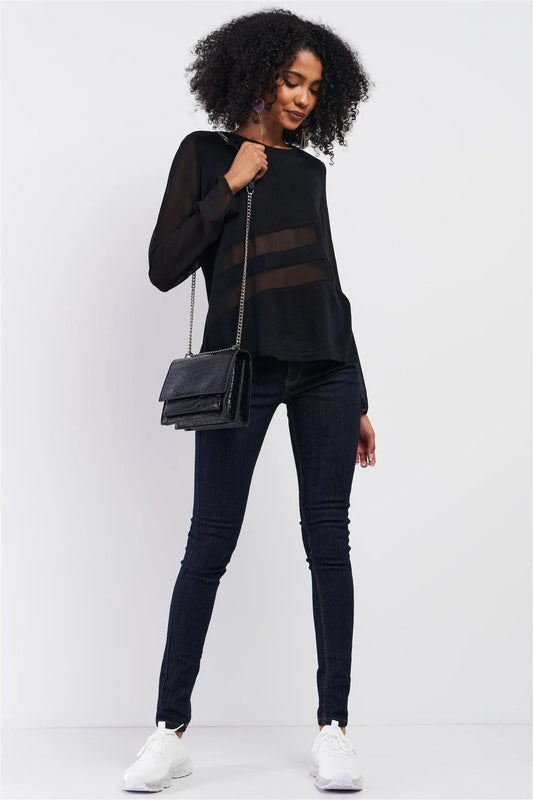 Black Long Sleeve Mesh Detail Relaxed Fit Knit Top /1-1-3-1 - Tasha Apparel Wholesale