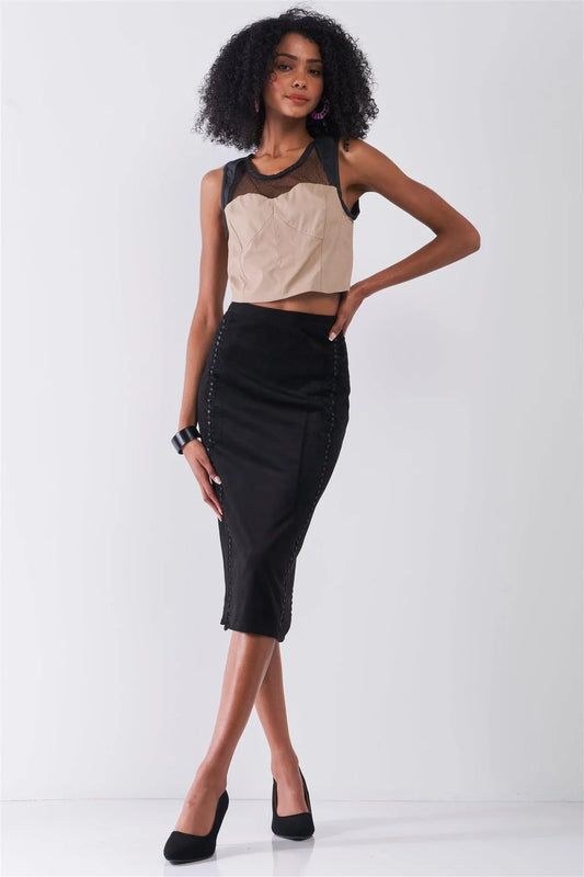 Tan & Black Sleeveless Vegan Leather Mesh Combo Sweetheart Neck Crop Top /1-3-2 - Tasha Apparel Wholesale