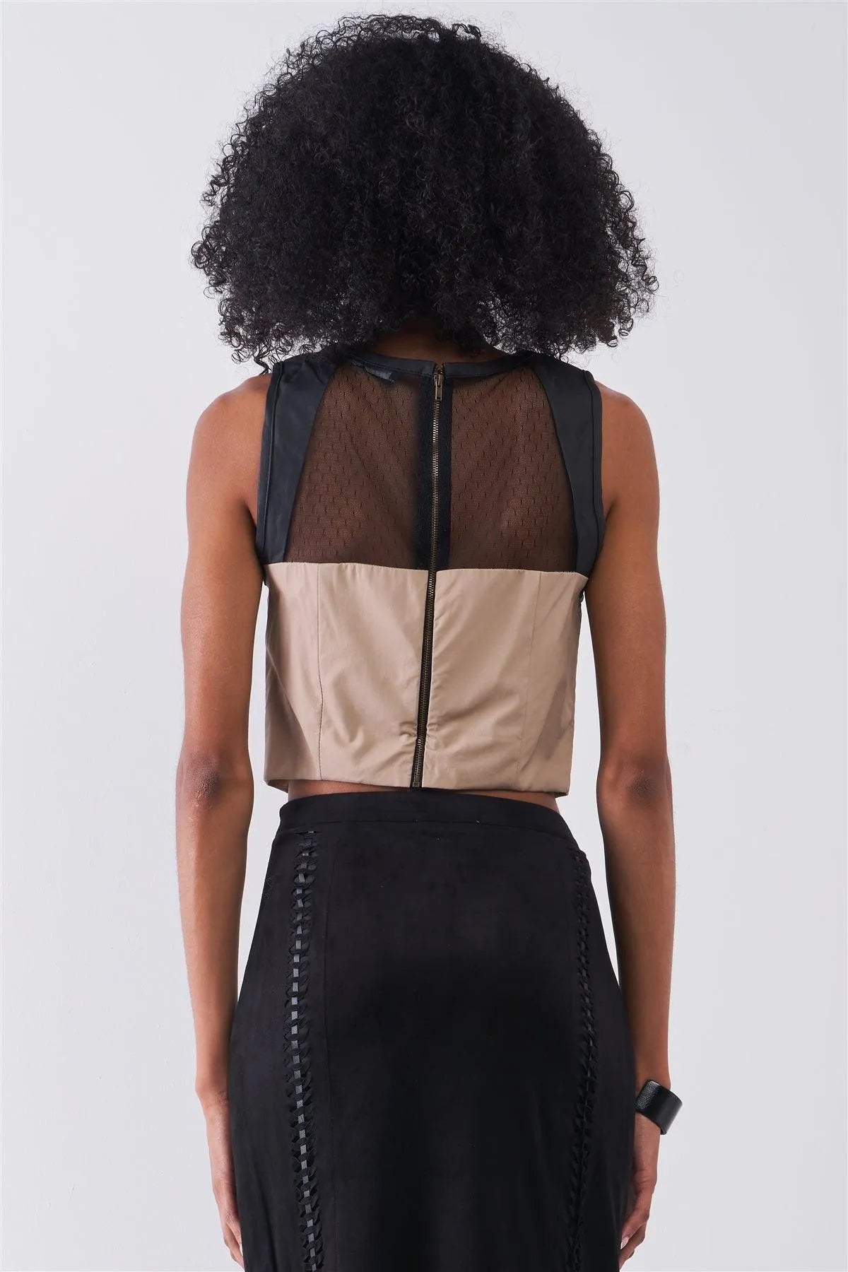 Tan & Black Sleeveless Vegan Leather Mesh Combo Sweetheart Neck Crop Top /1-3-2 - Tasha Apparel Wholesale