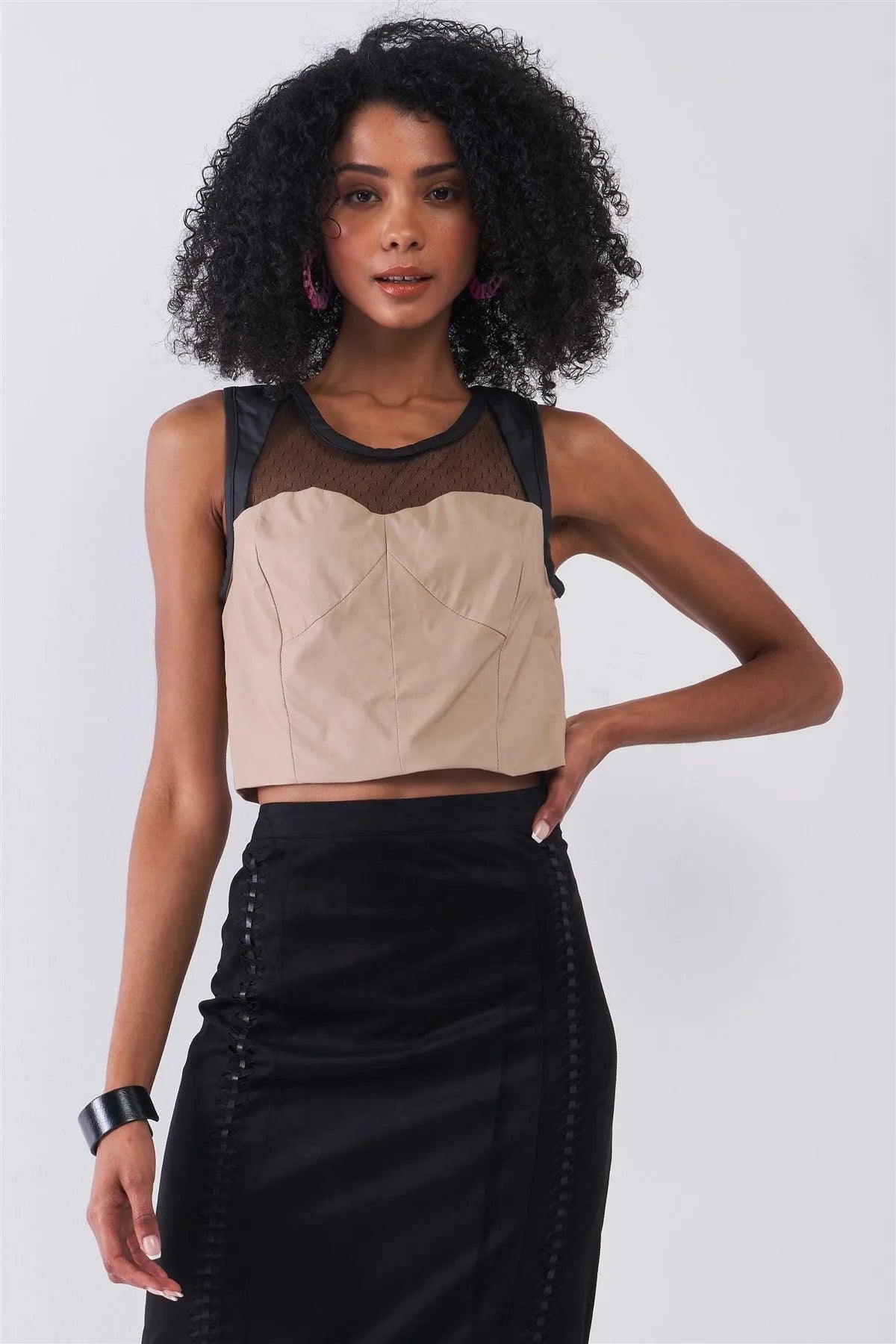 Tan & Black Sleeveless Vegan Leather Mesh Combo Sweetheart Neck Crop Top /1-3-2 - Tasha Apparel Wholesale