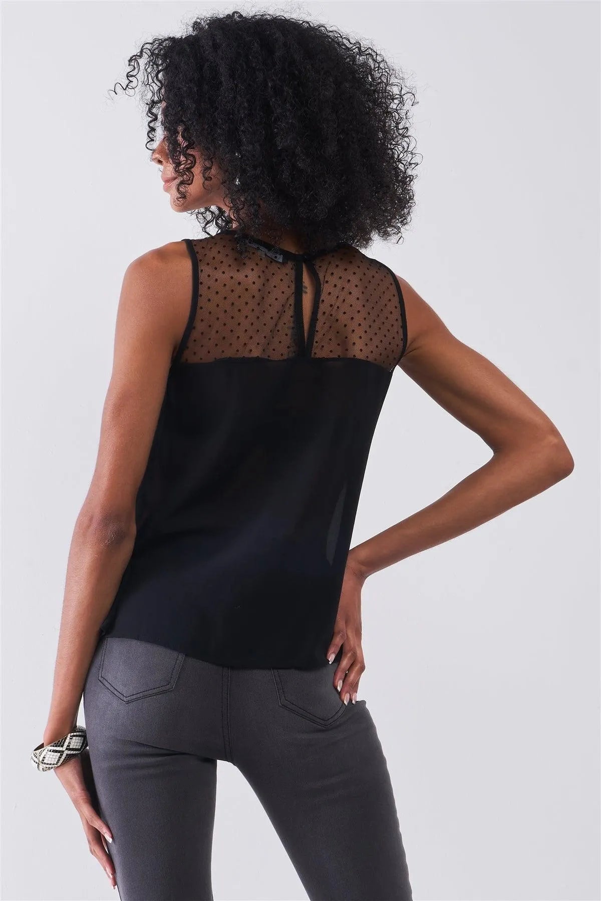 Black Sleeveless Round Neck Sweetheart Imitation Polka Dot Sheer Mesh Pleated Front Detail Top /1-1-3 - Tasha Apparel Wholesale