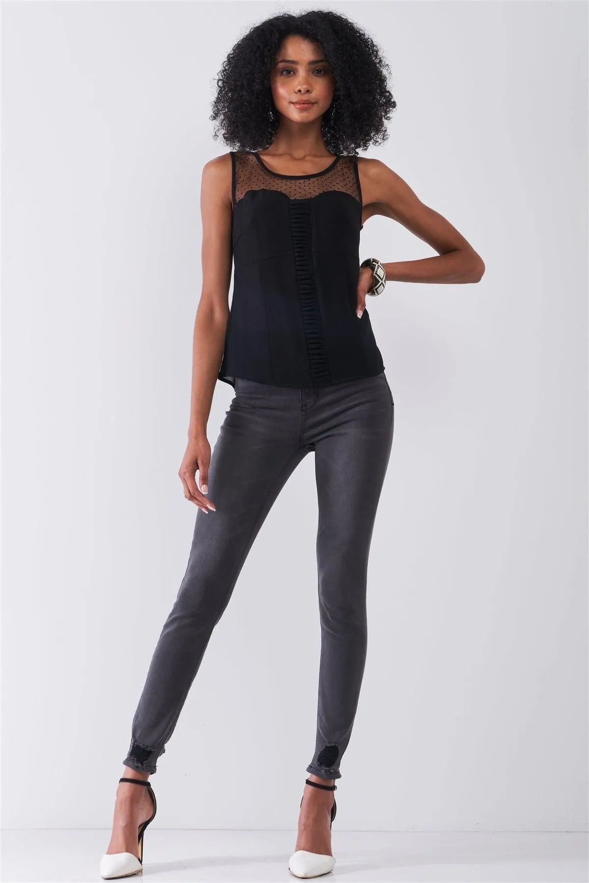 Black Sleeveless Round Neck Sweetheart Imitation Polka Dot Sheer Mesh Pleated Front Detail Top /1-2-2-1 - Tasha Apparel Wholesale