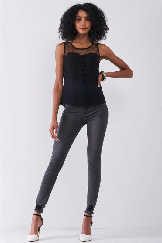 Black Sleeveless Round Neck Sweetheart Imitation Polka Dot Sheer Mesh Pleated Front Detail Top /1-2-2-1 - Tasha Apparel Wholesale