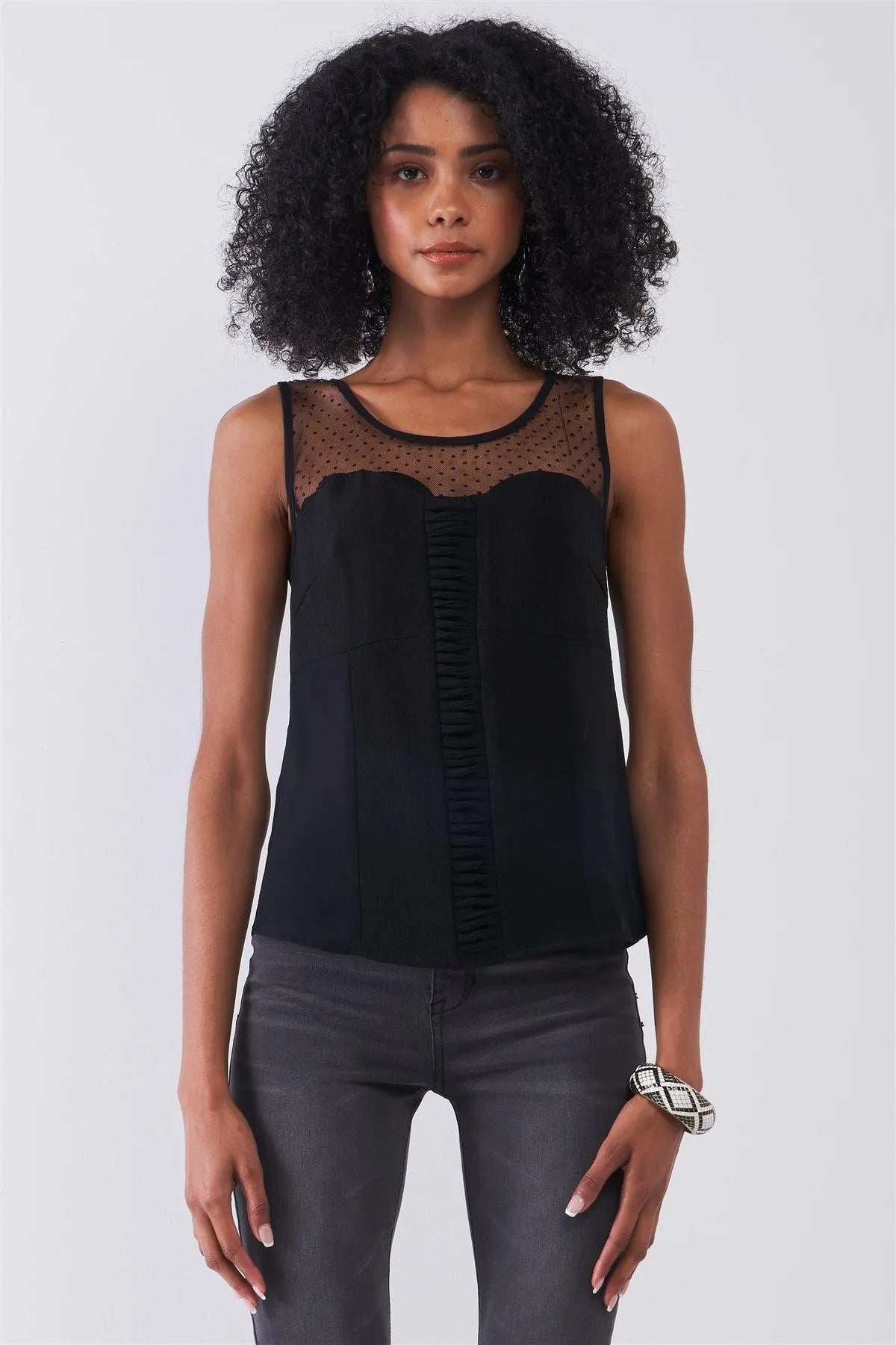 Black Sleeveless Round Neck Sweetheart Imitation Polka Dot Sheer Mesh Pleated Front Detail Top /1-2-2-1 - Tasha Apparel Wholesale