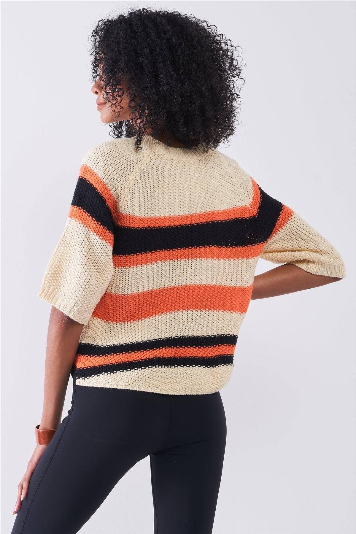 Beige Multicolor Striped Knit Wide Midi Sleeve Crop Sweater Top /1-2-1