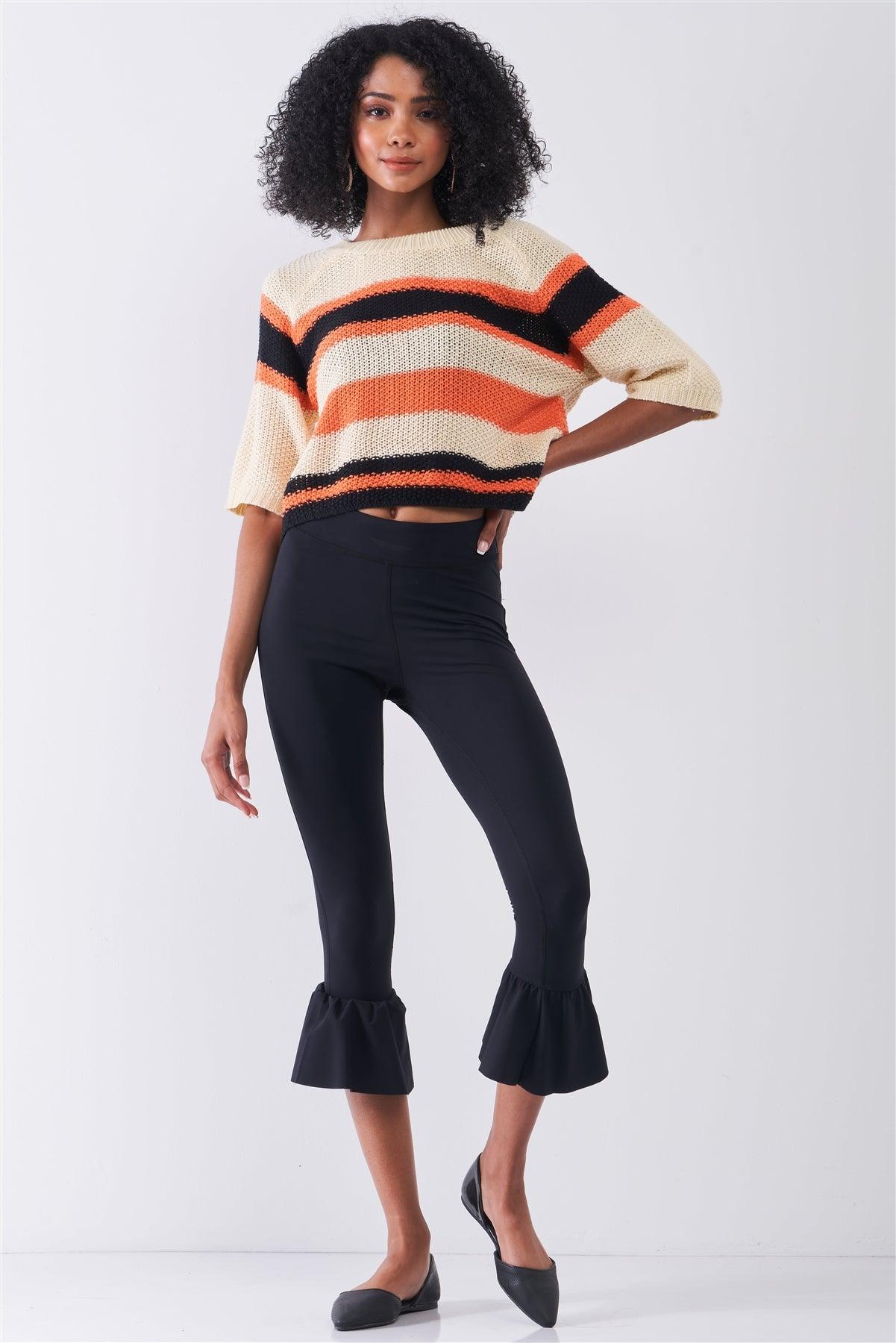 Beige Multicolor Striped Knit Wide Midi Sleeve Crop Sweater Top /1-2-1