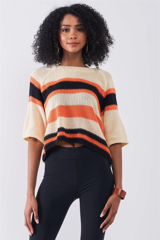 Beige Multicolor Striped Knit Wide Midi Sleeve Crop Sweater Top /1-2-2-1 - Tasha Apparel Wholesale