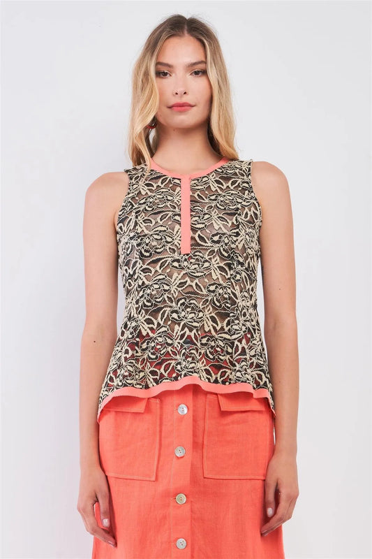 Black & Gold Lace Mesh Crocheted Embroidery Sleeveless Buttoned Top /1-2-2-1 - Tasha Apparel Wholesale
