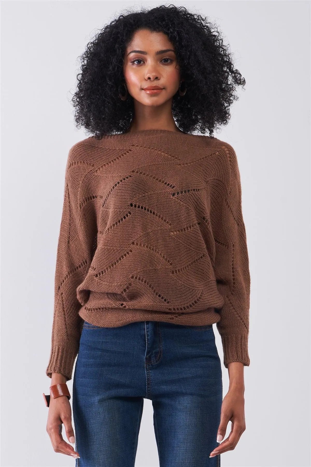 Mocha Brown Cable Knit Mock Neck Long Sleeve Relaxed Sweater /2-1-2-1 - Tasha Apparel Wholesale