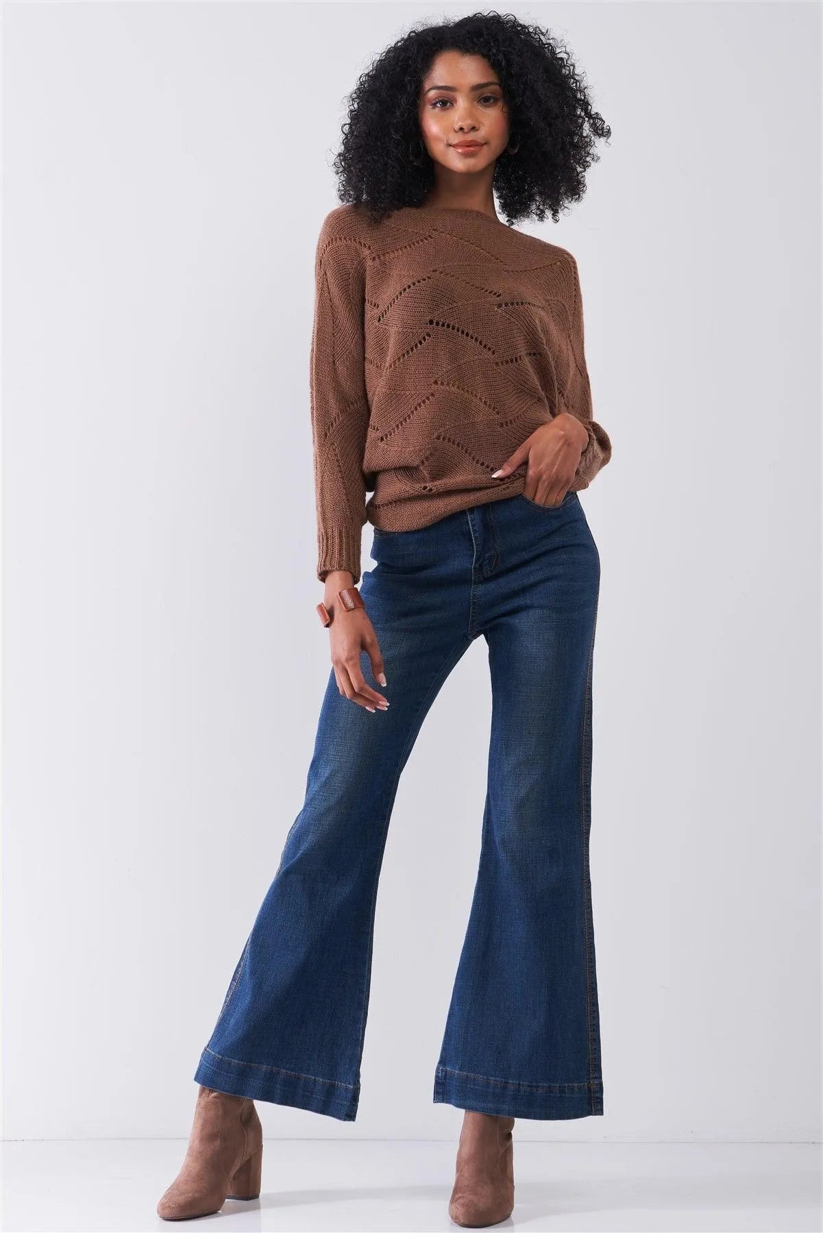 Mocha Brown Cable Knit Mock Neck Long Sleeve Relaxed Sweater /2-1-2-1 - Tasha Apparel Wholesale
