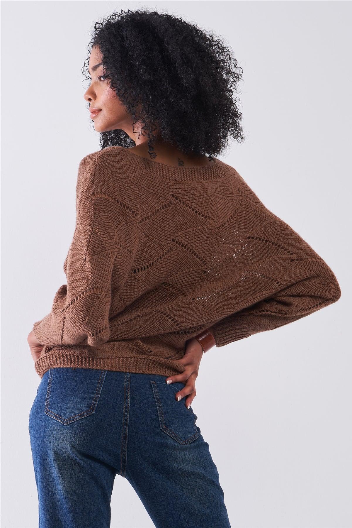 Mocha Brown Cable Knit Mock Neck Long Sleeve Relaxed Sweater /1-2-2-1