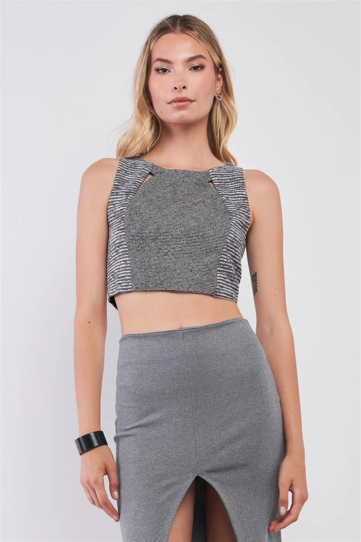 Grey & Black Tweed Glitter Weave Sleeveless Crew Neck Cut-Out Crop Top /1-2-2-1 - Tasha Apparel Wholesale