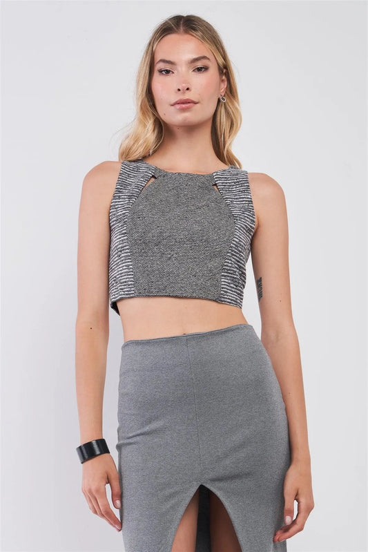 Grey & Black Tweed Glitter Weave Sleeveless Crew Neck Cut-Out Crop Top /1-2-2-1 - Tasha Apparel Wholesale