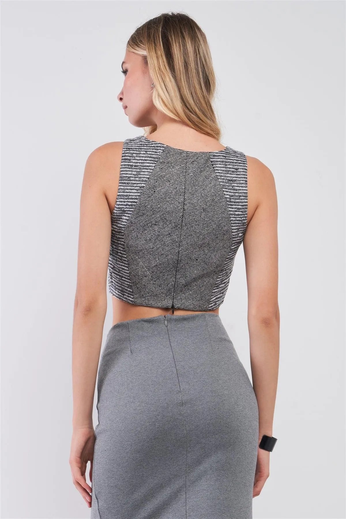 Grey & Black Tweed Glitter Weave Sleeveless Crew Neck Cut-Out Crop Top /1-2-2-1 - Tasha Apparel Wholesale