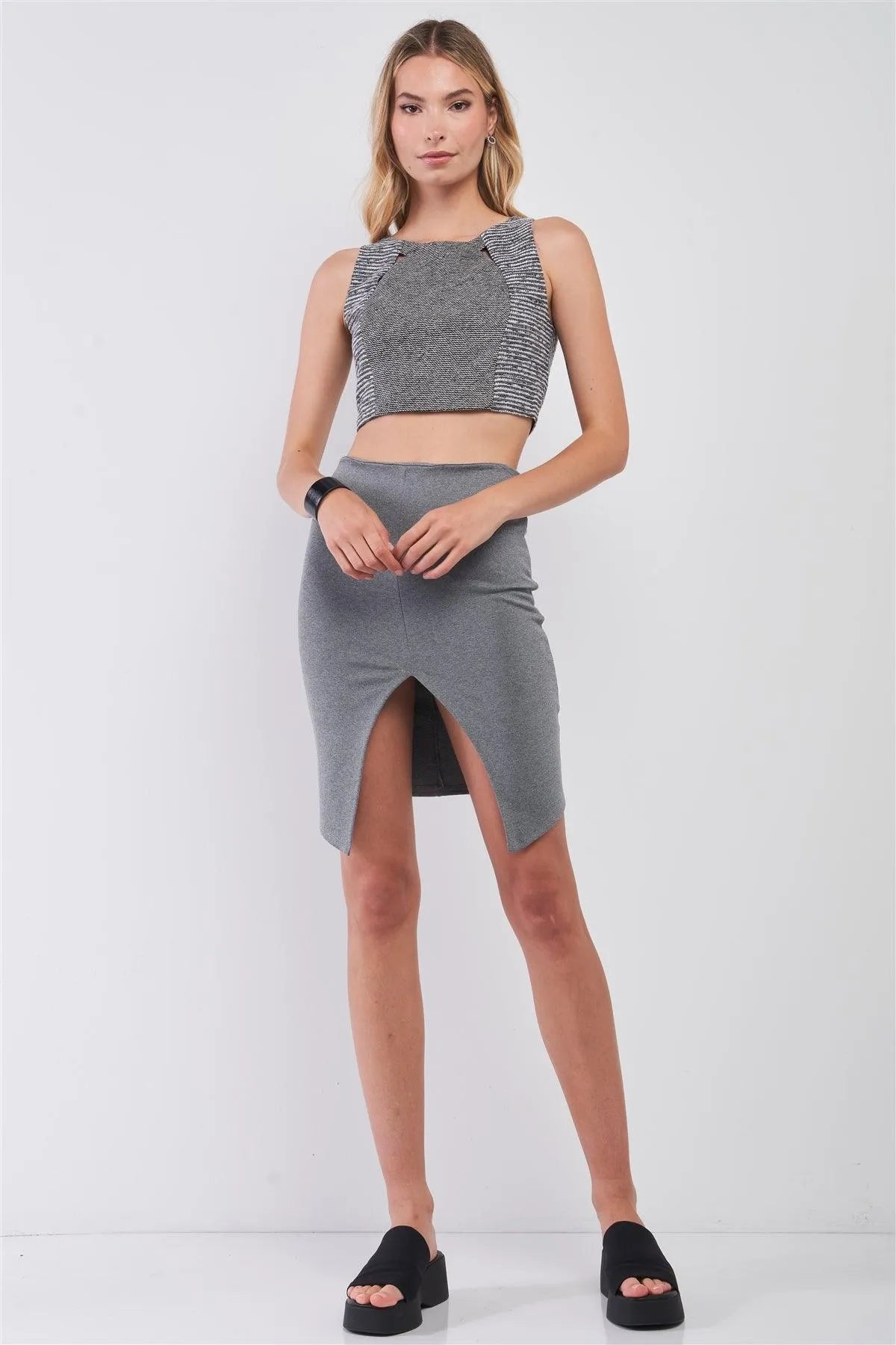 Grey & Black Tweed Glitter Weave Sleeveless Crew Neck Cut-Out Crop Top /1-2-2-1 - Tasha Apparel Wholesale