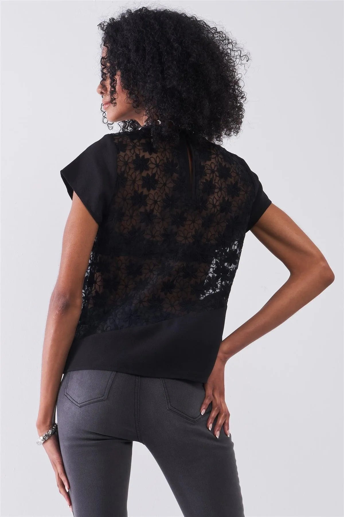 Black Floral Embroidery Round Neck Short Sleeve Sheer Regular Fit Top /1-1-2-1 - Tasha Apparel Wholesale
